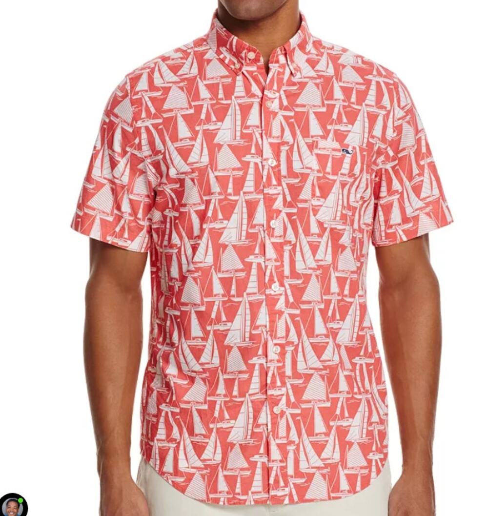 Vineyard Vines Tucker Slim Fit Sailboat Print Short Sleeve Button Down Shirt M